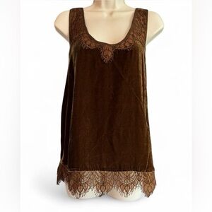Wrap London Silk Blend Velvet Lace Tank Top Brown Boho Romantic Cami Medium